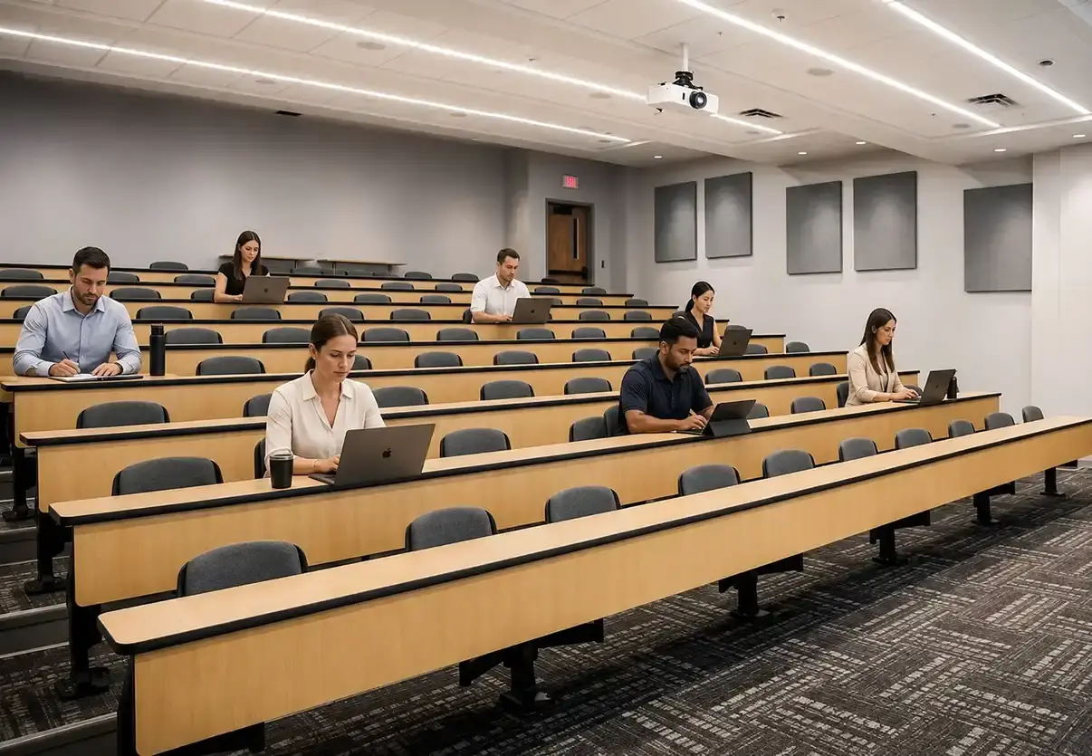 Architectural visualisation of an auditorium with tiered desks, generated for illustration. It is not a photograph, and the layout, furniture and people shown are not a record of the room.